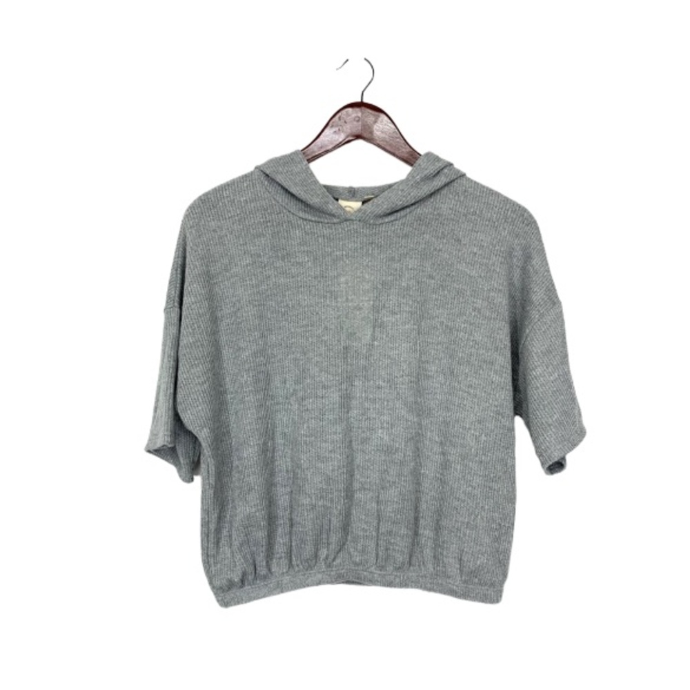 Gray Lightweight Woven Knit Hooded Short Sleeve Crop Top Sweater Shirt Nwt Large